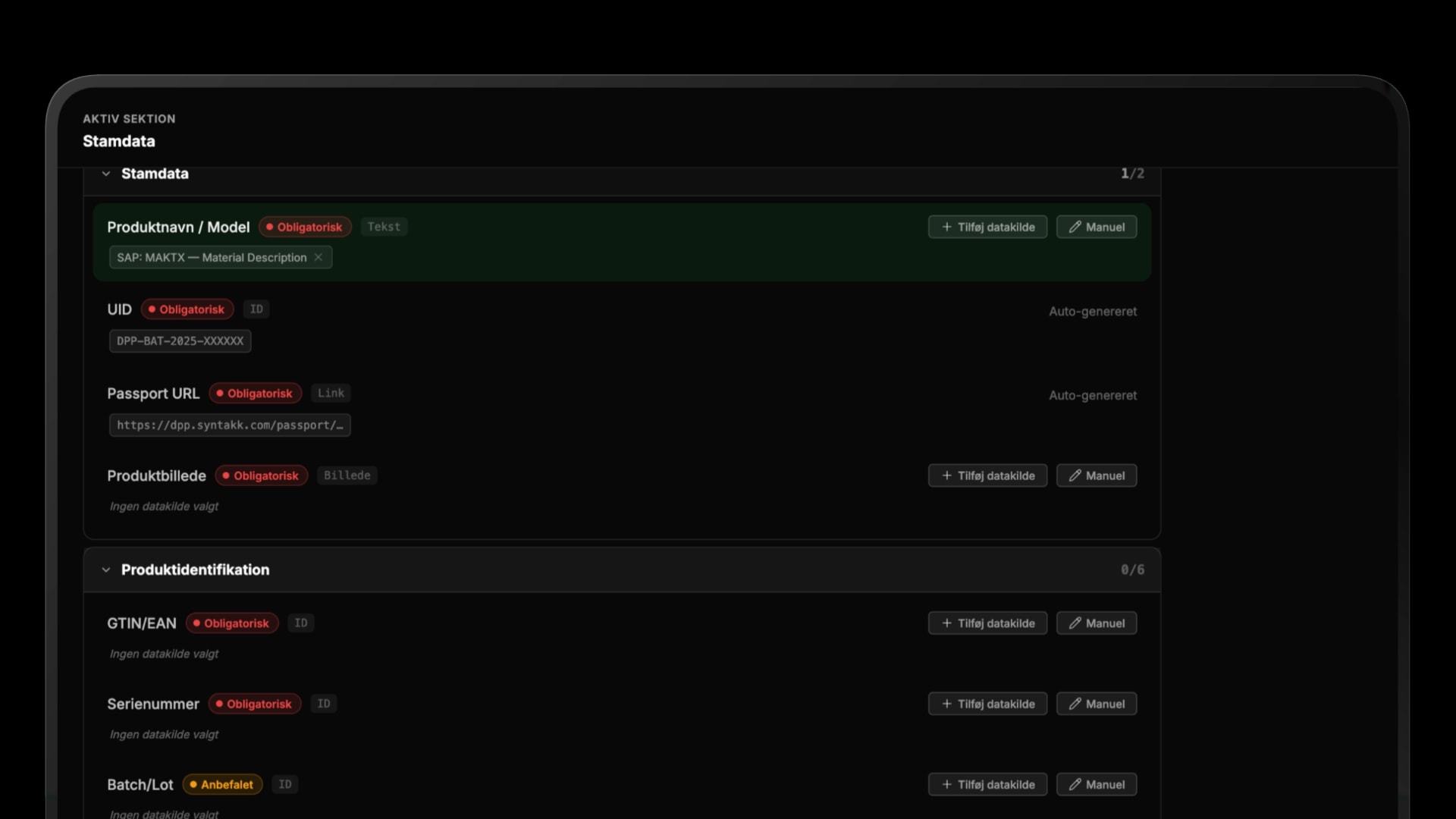Syntakk produktoversigt med ERP-integration og digitale produktpas