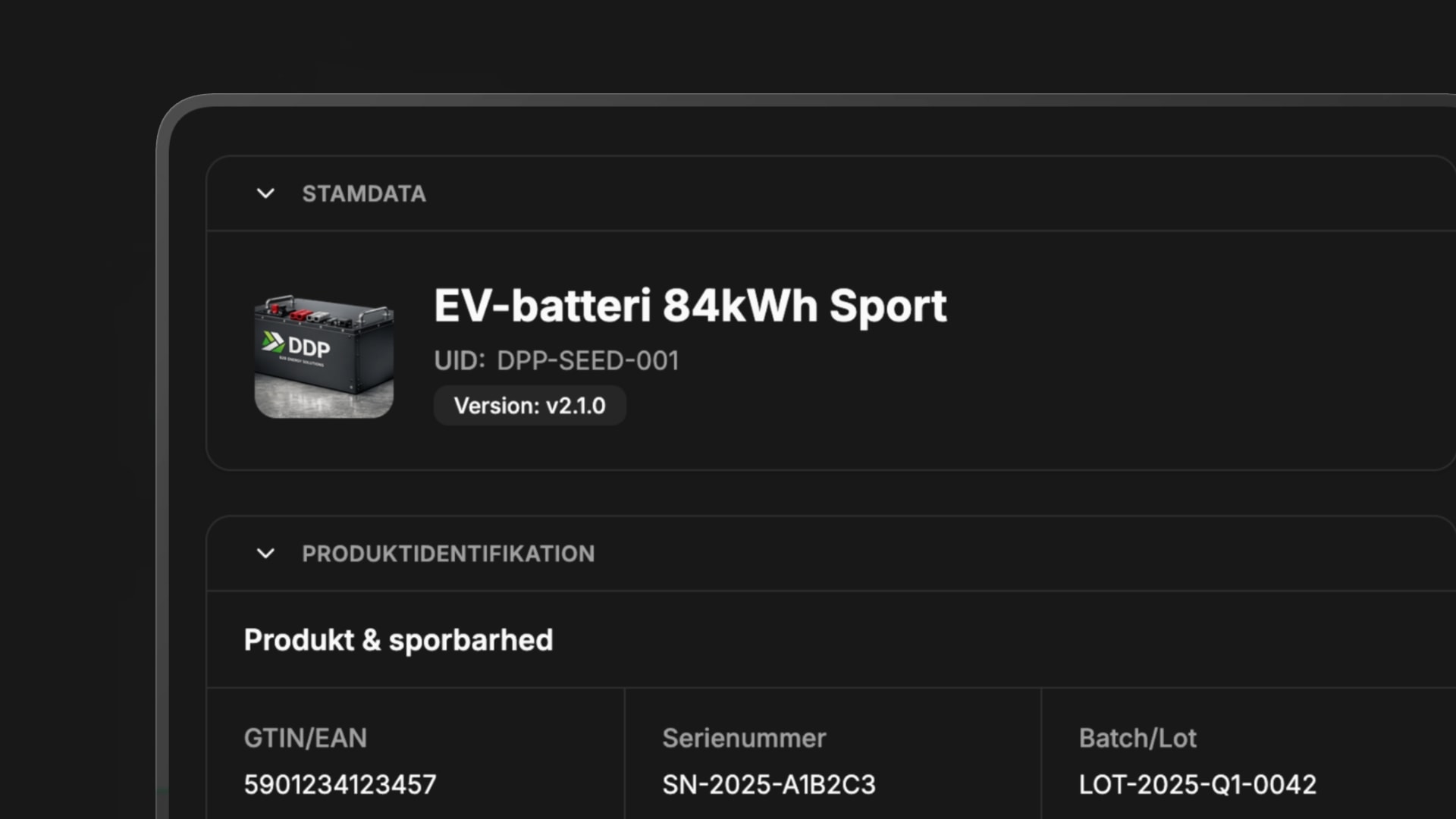 Syntakk produktidentifikation med UID og sporbarhed for digitalt batteripas